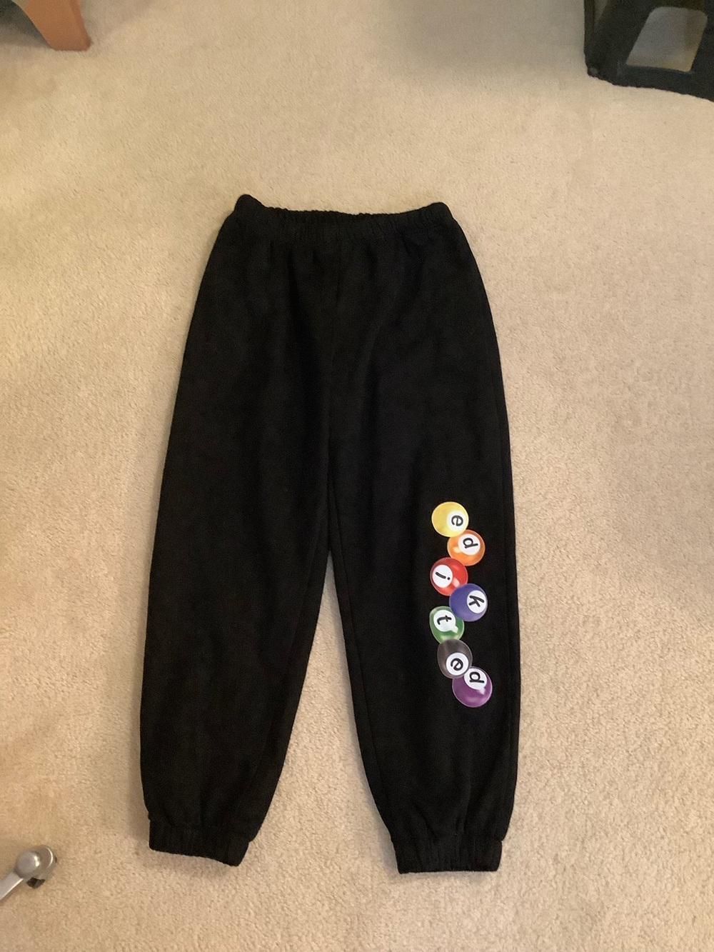 Edikted Oversized Black Sweatpants with Colorful Billiard Ball Print size XL